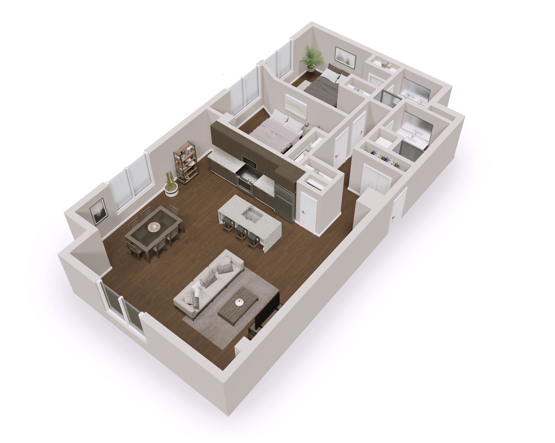 Floor plan of an apartment, with furniture, showing living area, kitchen, dining, bedrooms, and bathrooms.