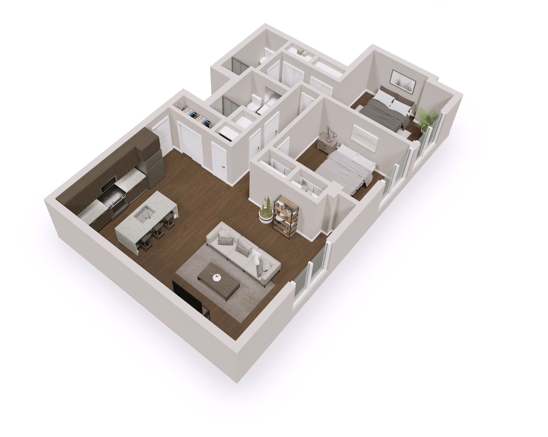 3D floor plan of a 2-bedroom apartment featuring a kitchen, living room, and two bathrooms.