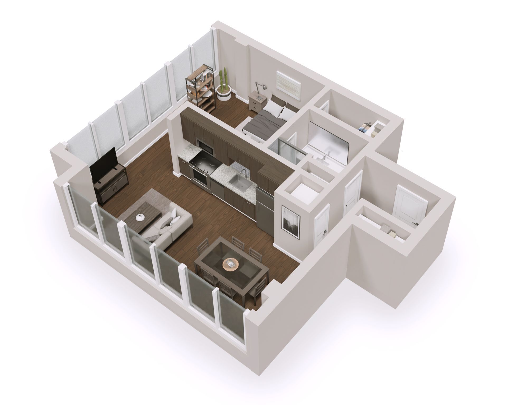 Isometric view of a modern apartment layout: living room, kitchen, bedroom, bathroom, and balcony.
