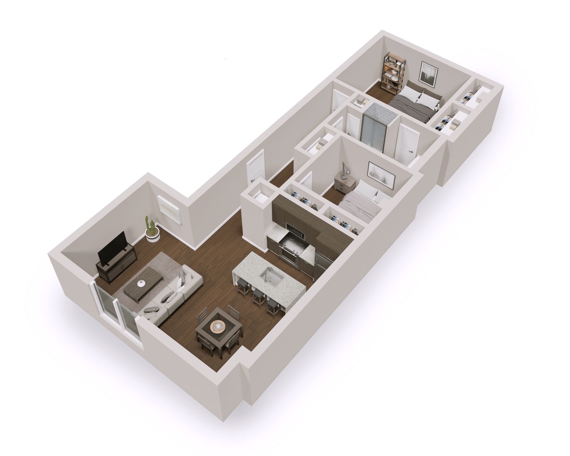 3D floor plan of a modern 2-bedroom apartment. Features a kitchen, living room, and two bathrooms.