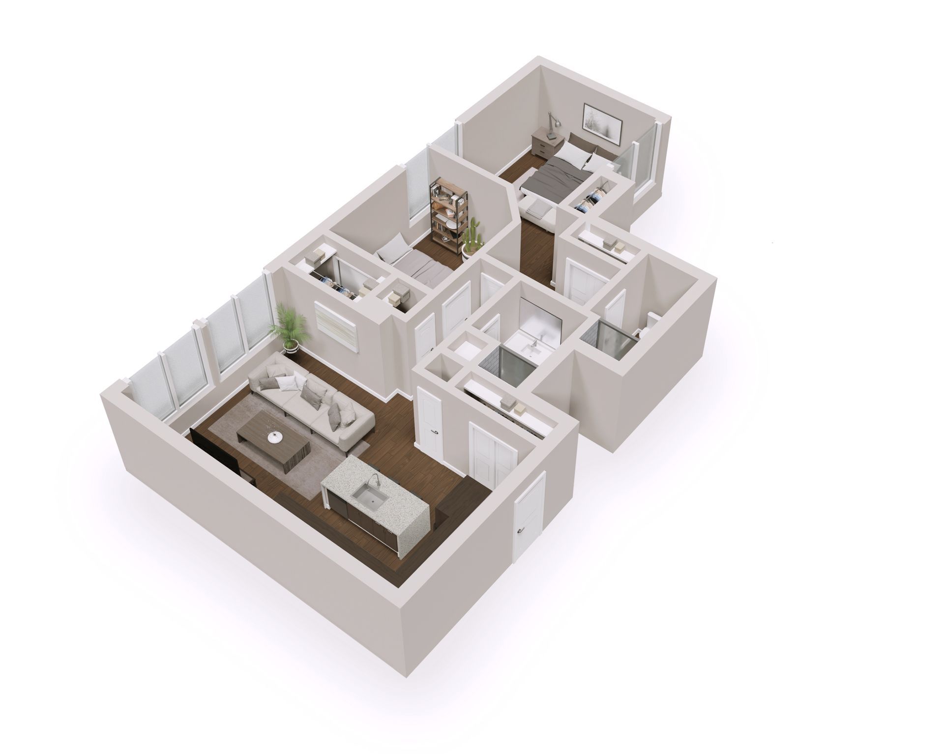 Isometric view of a two-bedroom apartment layout with living room, kitchen, and two bathrooms.