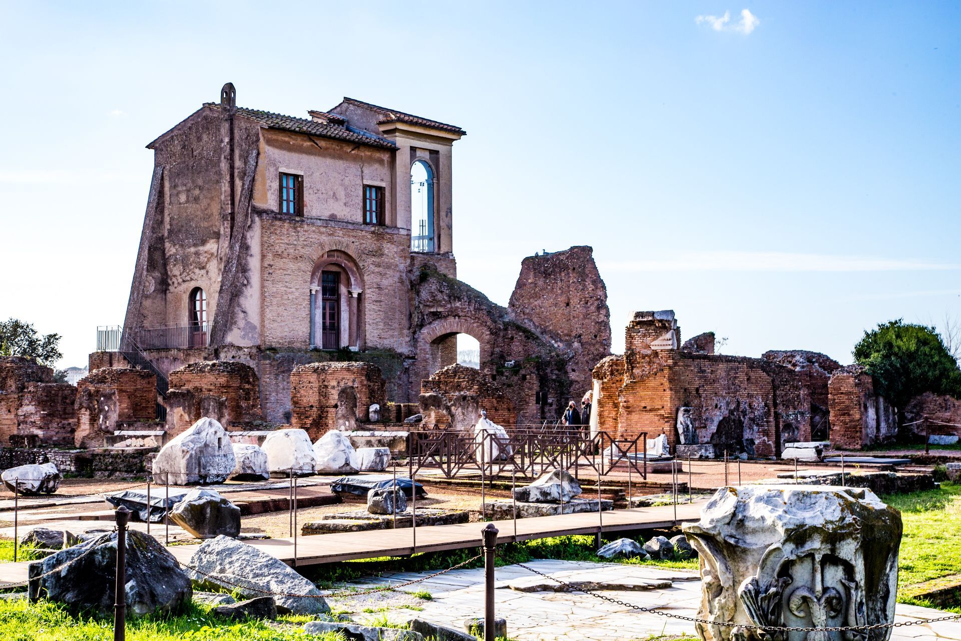 Colosseum ruins in Rome, Italy. Exterior view, pale stone, arched structures, tall trees.