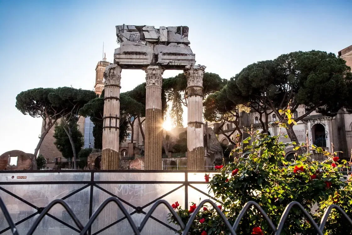 Ancient Roman ruins with tall columns, backlit by the sun, set behind a metal fence and red flowers.