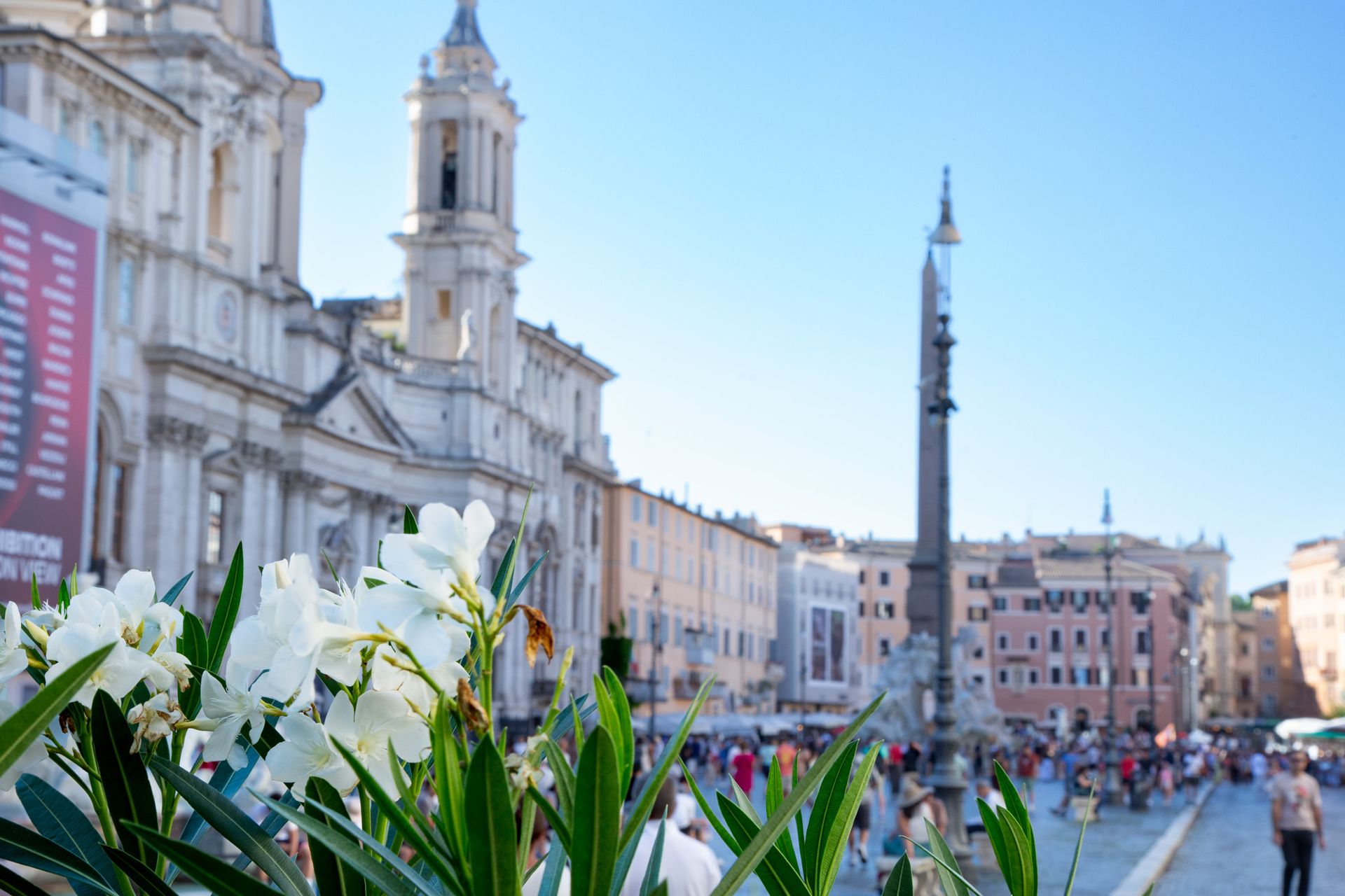 Piazza Navona in Rome with flowers, fountain with sculpture, buildings.