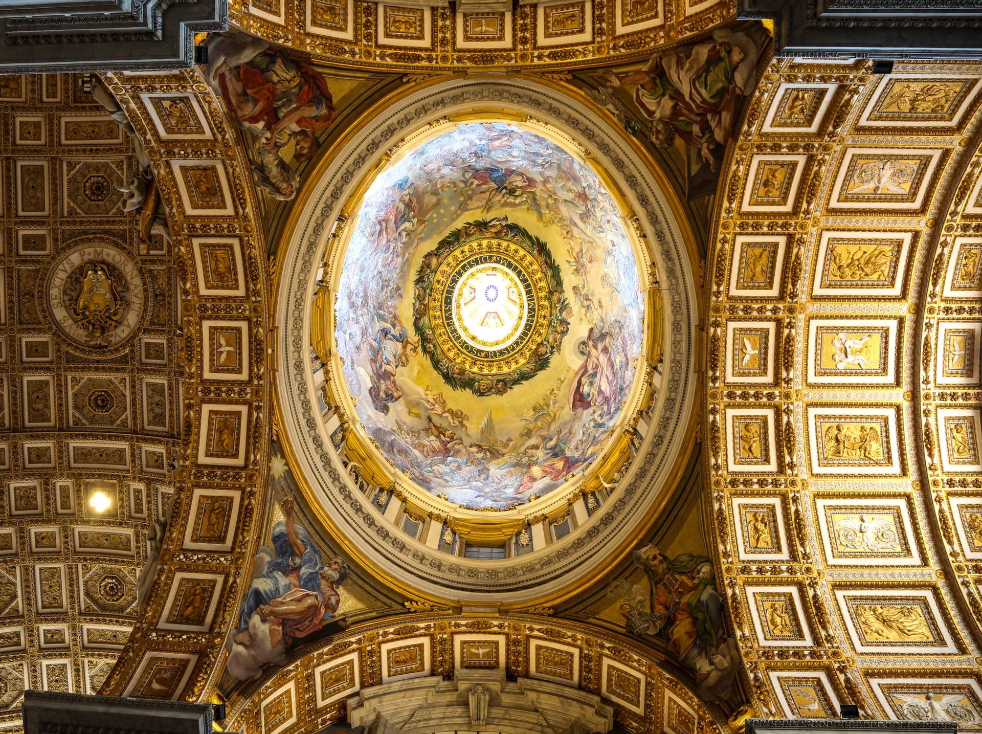 artwork in a decorated chapel, with a central painting and stained-glass window above.