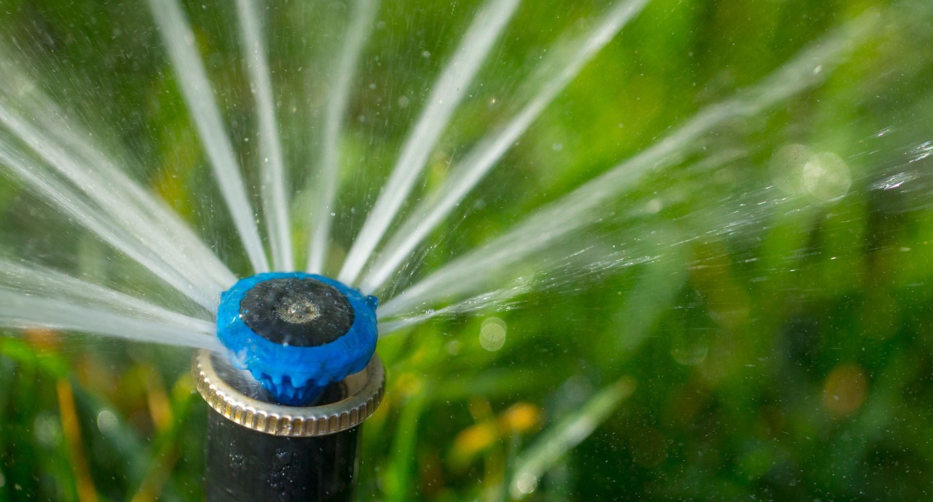 Close-up of an automatic sprinkler system as it sprays water, in front of a blurry lawn.