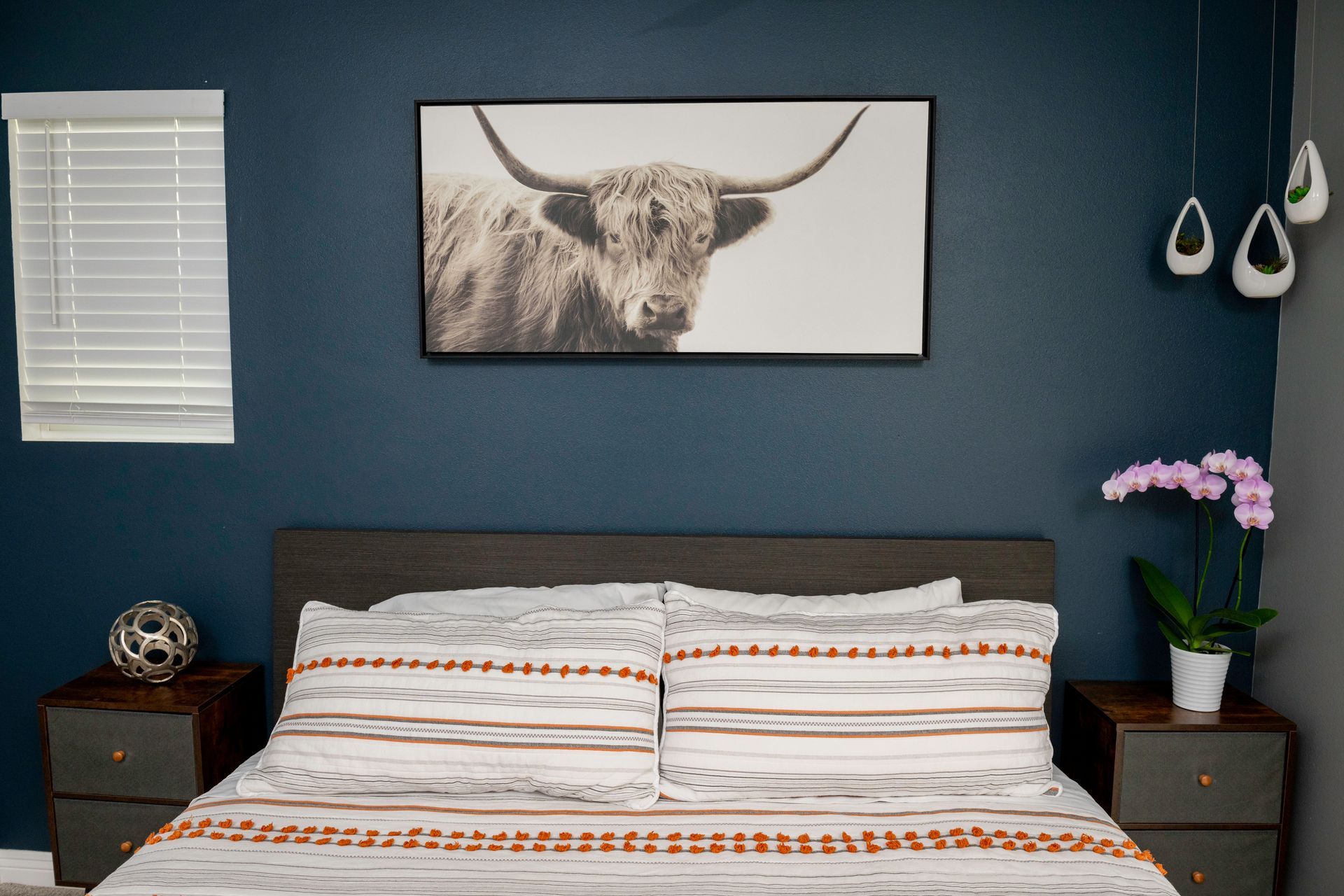 There is a picture of a bull on the wall above the bed.
