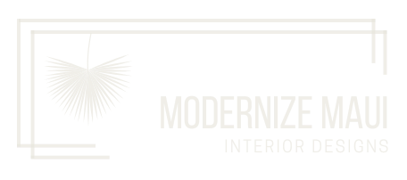 The logo for modernize maui interior designs is a white logo with a palm leaf in it