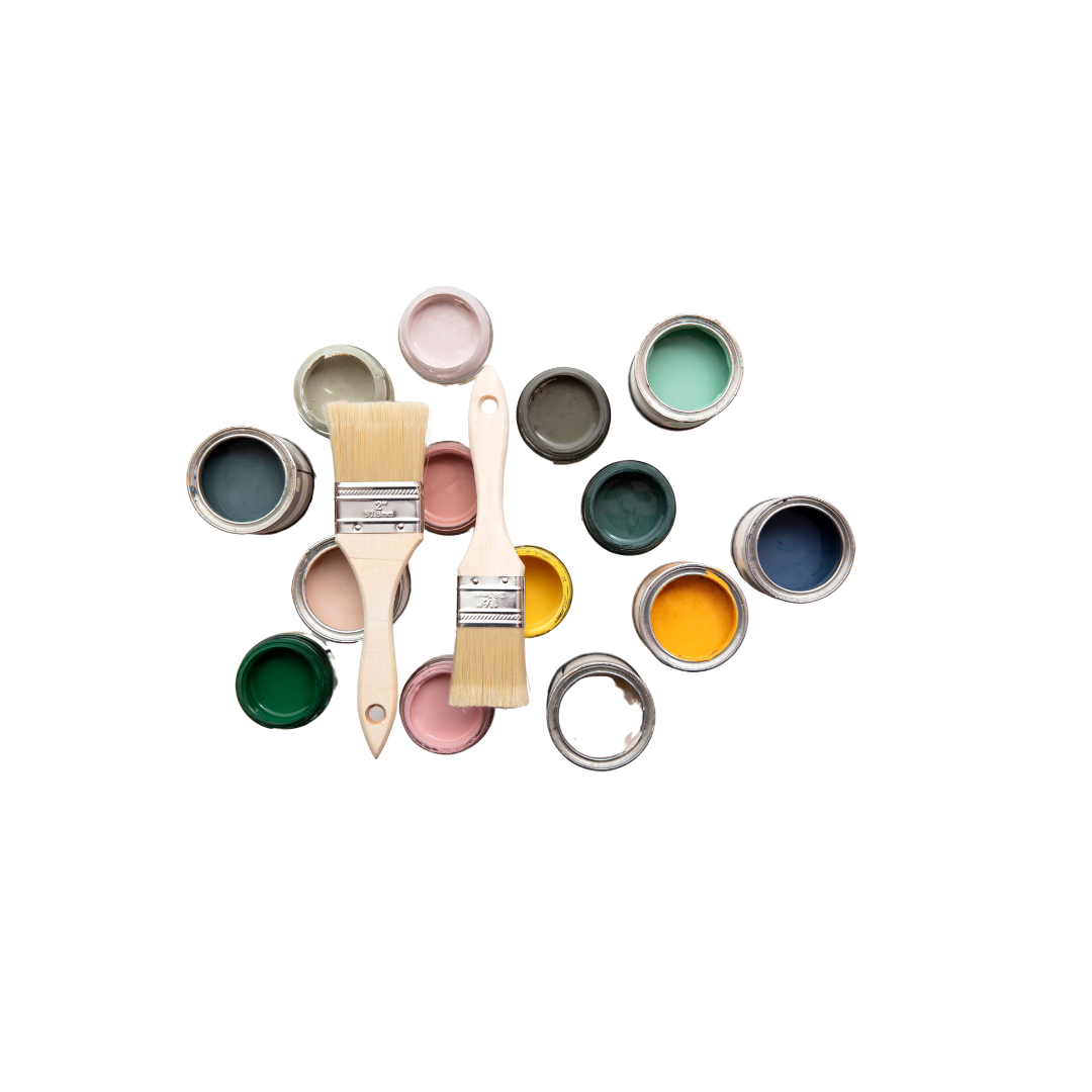 A bunch of paint cans and brushes on a white background.