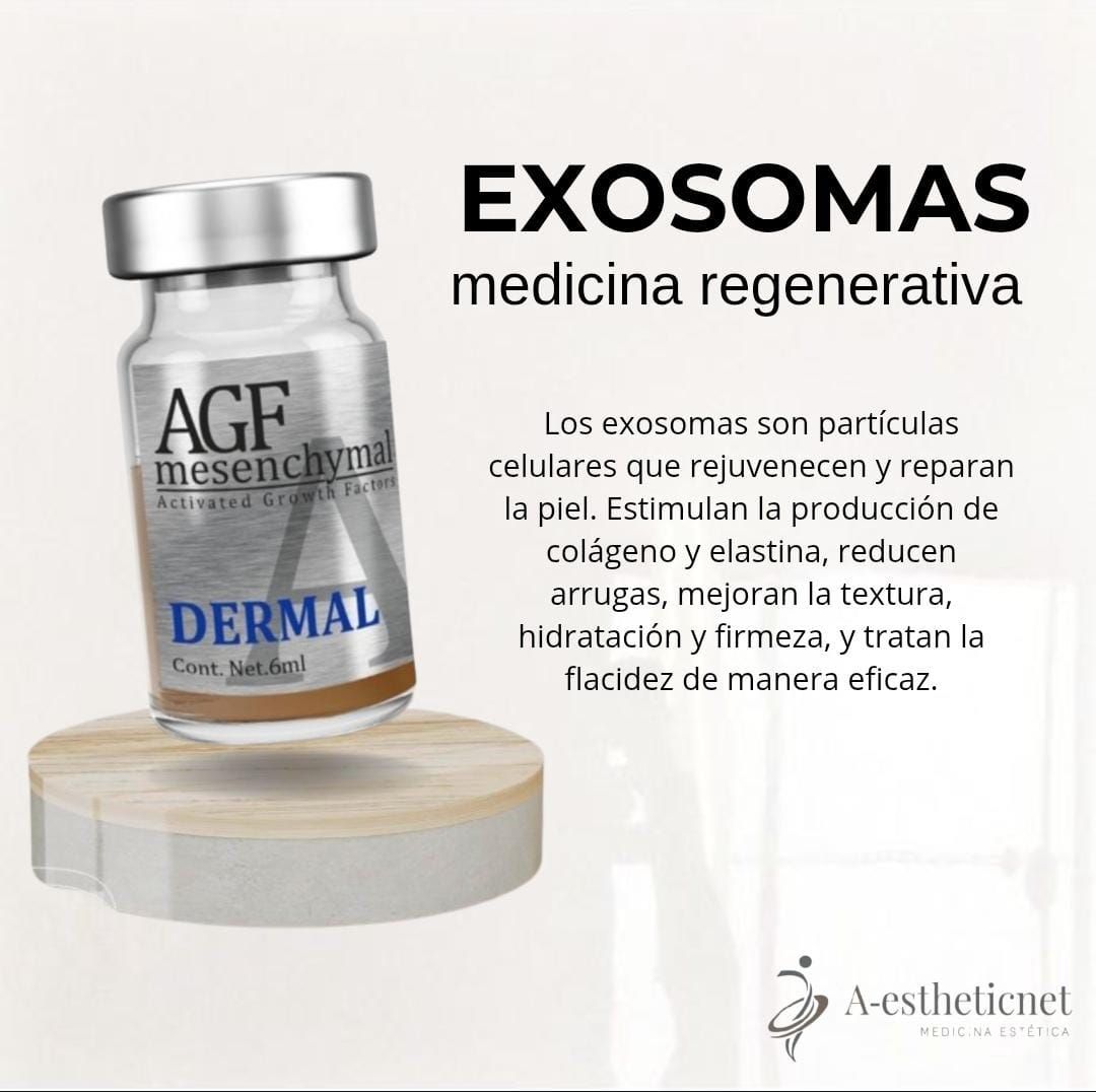 Vial de exosomas dérmicos sobre un soporte de madera. Texto que promueve la medicina regenerativa, el rejuvenecimiento 