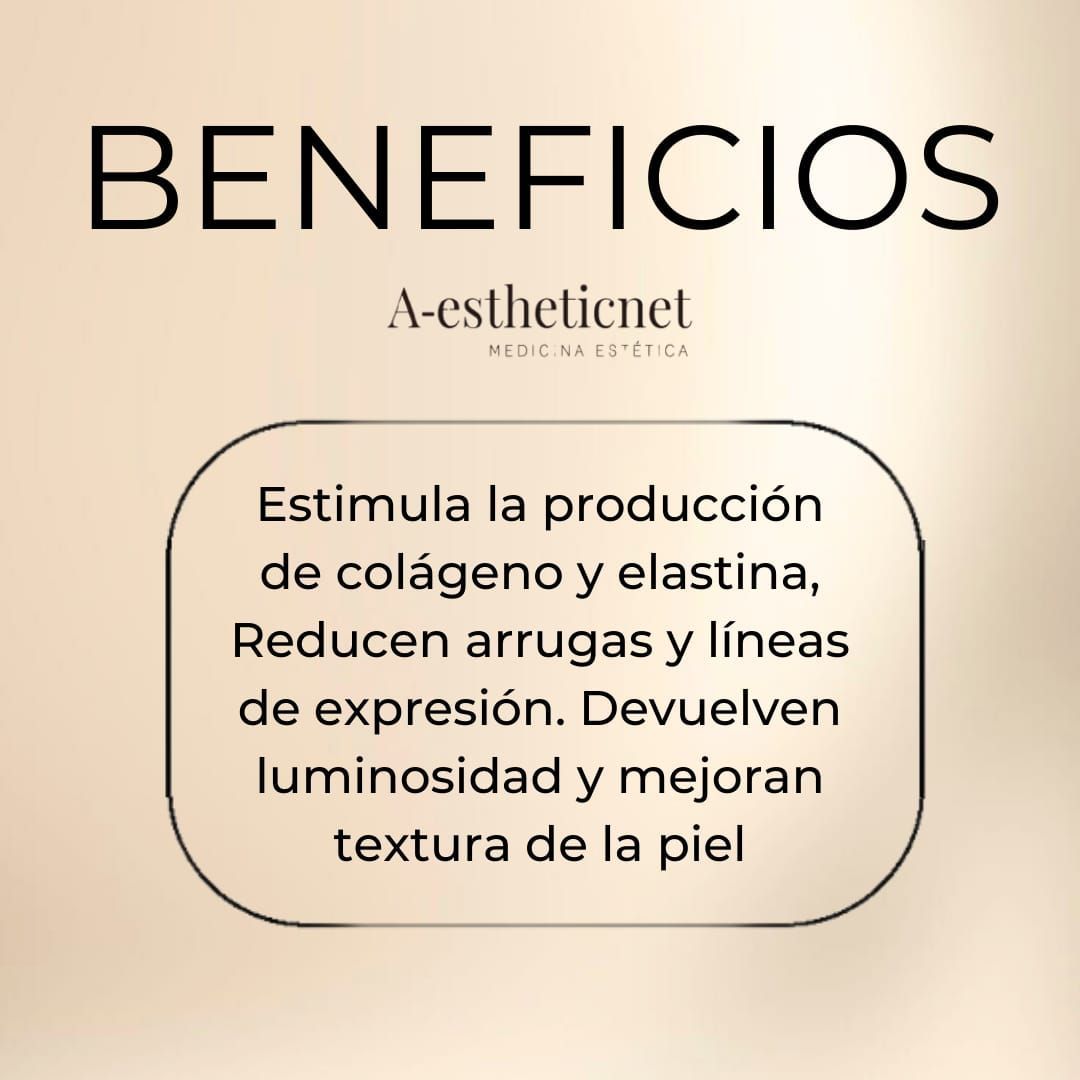 Texto que promueve los beneficios para la piel: estimula el colágeno, reduce las arrugas, mejora la textura de la piel.