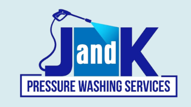 Logo for J and K Pressure Washing Services, featuring a blue and white design with a stylized pressure washer.