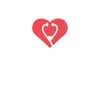 A red heart with a stethoscope inside of it.