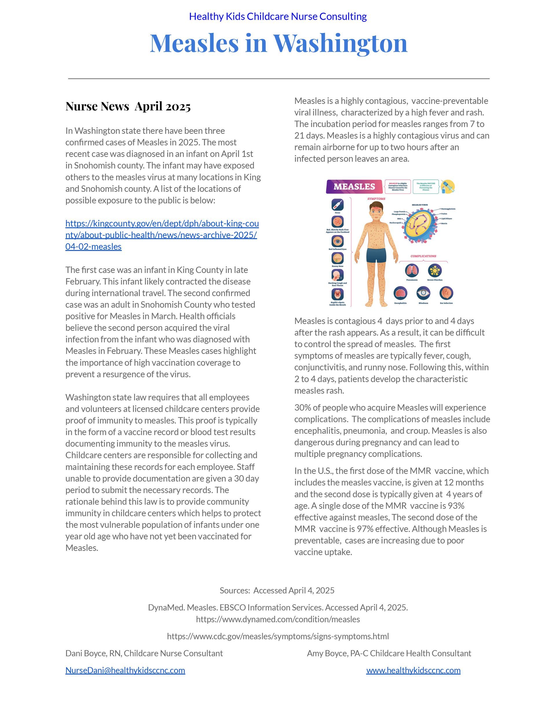 Measles in Washington: Text and illustration of a person with measles symptoms; information on outbreaks and prevention.