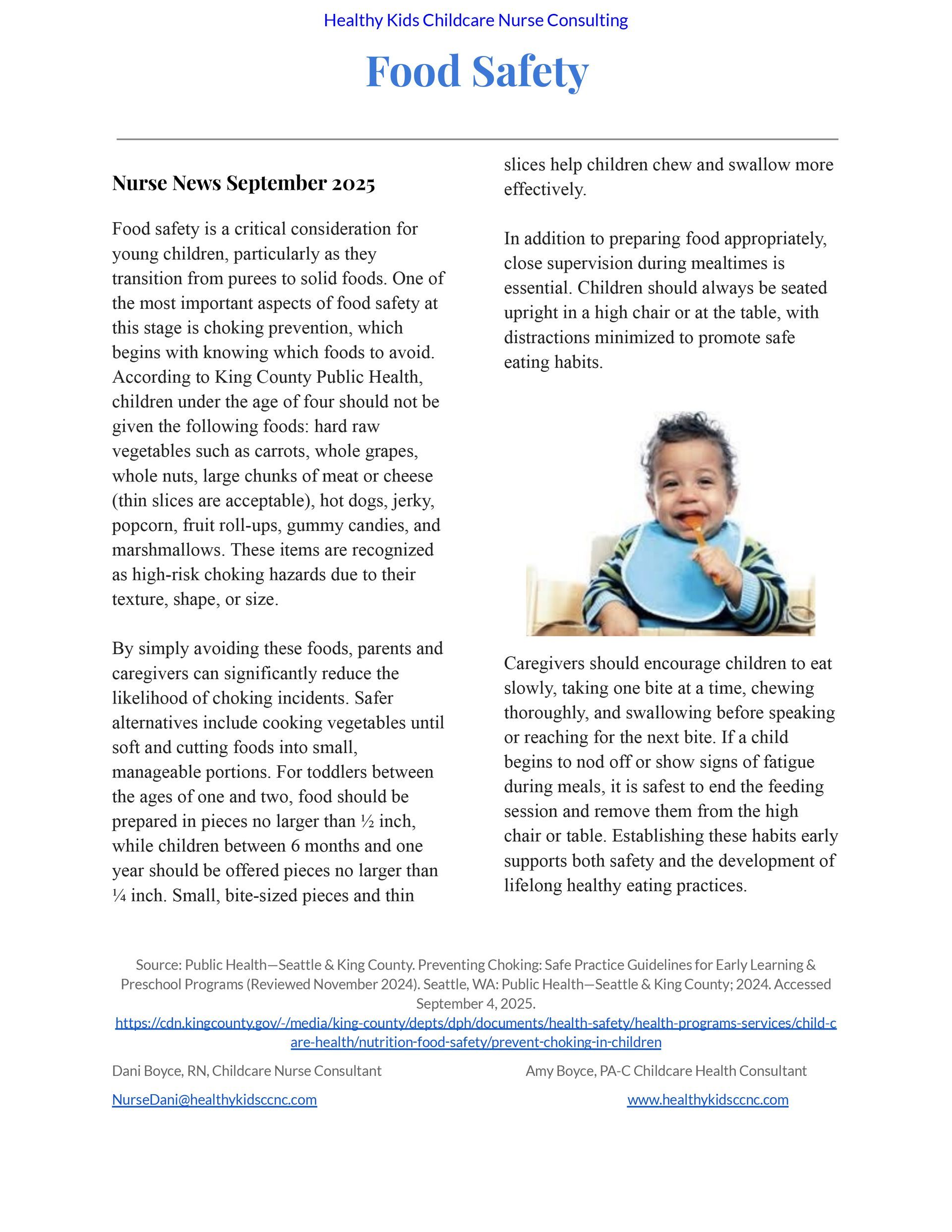 Child in a high chair with bib, smiling. Text on food safety and infant feeding.