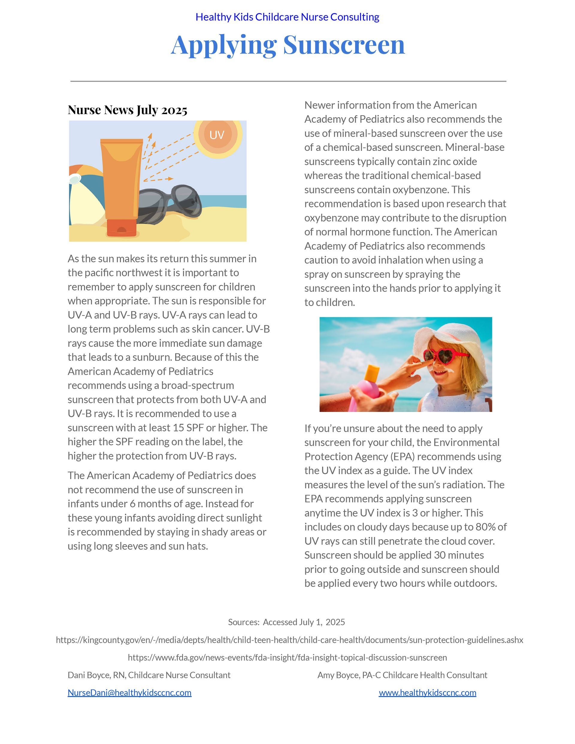 Page about applying sunscreen with illustrations of people applying and a sunscreen bottle on a beach.