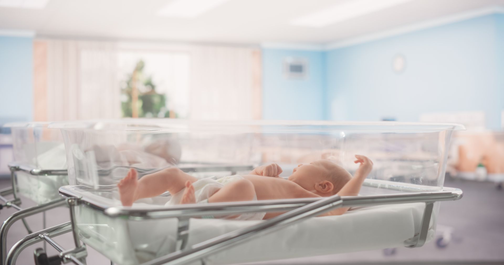 A baby is laying in a crib in a hospital room.