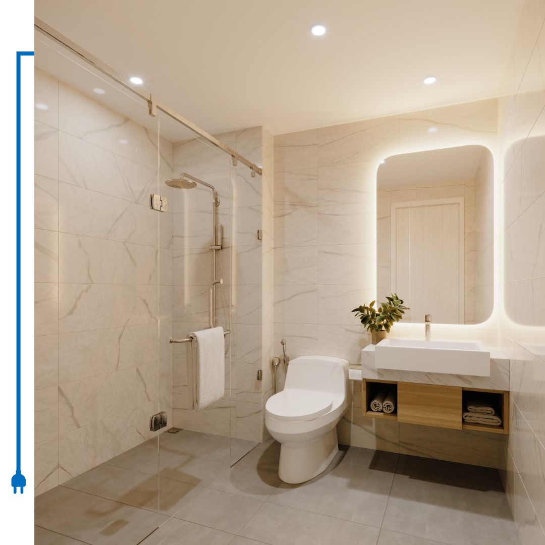 A modern bathroom with a glass shower, toilet, floating sink, and a backlit mirror.