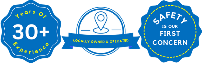 3 Blue badges with white text: