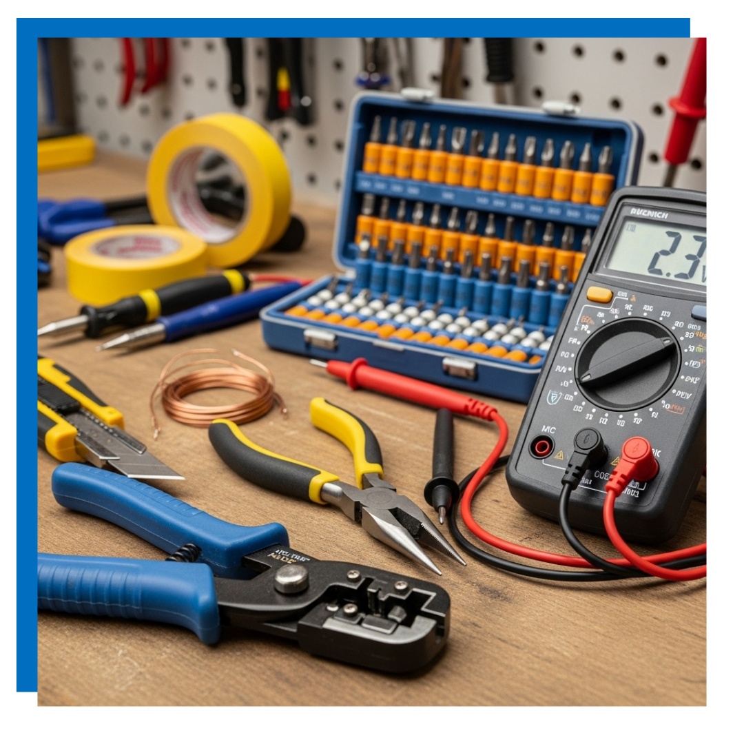 Assorted electrical tools on a wooden surface, including a multimeter, pliers, screwdrivers, and wire.