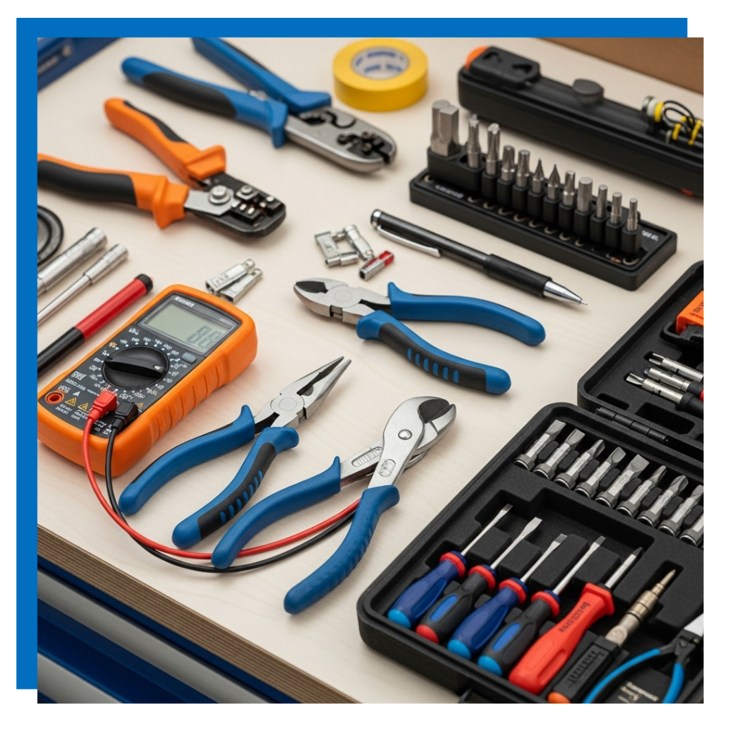 Electrical tools, including pliers, wire strippers, multimeter, screwdrivers, and tape, arranged on a light surface.