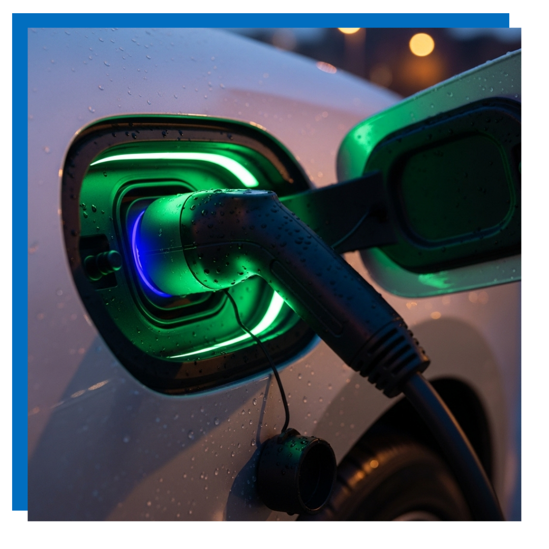 Electric car being charged, illuminated green with charging cable inserted.