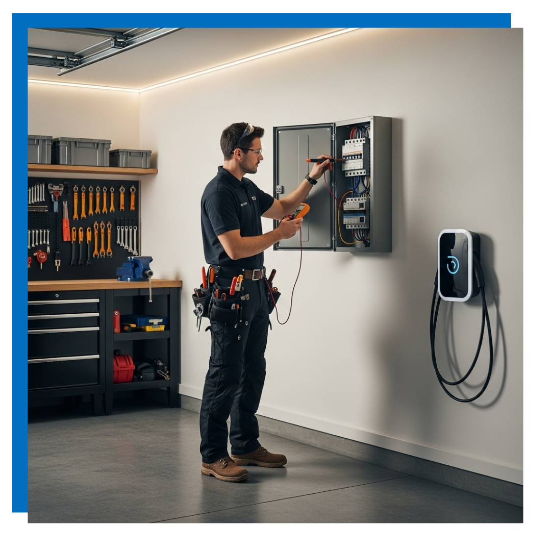 Electrician inspects electrical panel in garage, next to EV charger.