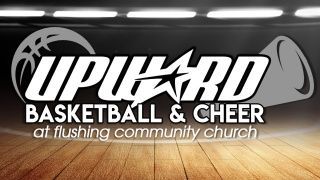 a logo for upward basketball and cheer at flushing community church