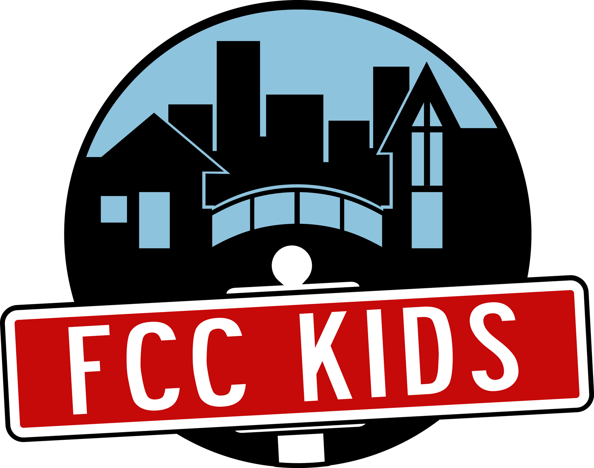 a logo for fcc kids with a city in the background