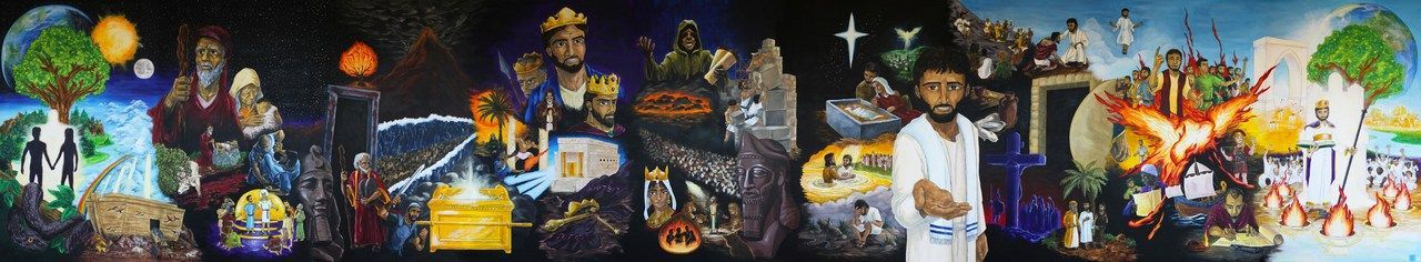 a large mural depicting biblical stories