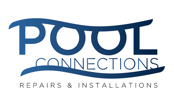 The logo for pool connections repairs and installations is blue and white.