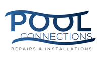 The logo for pool connections repairs and installations is blue and white.