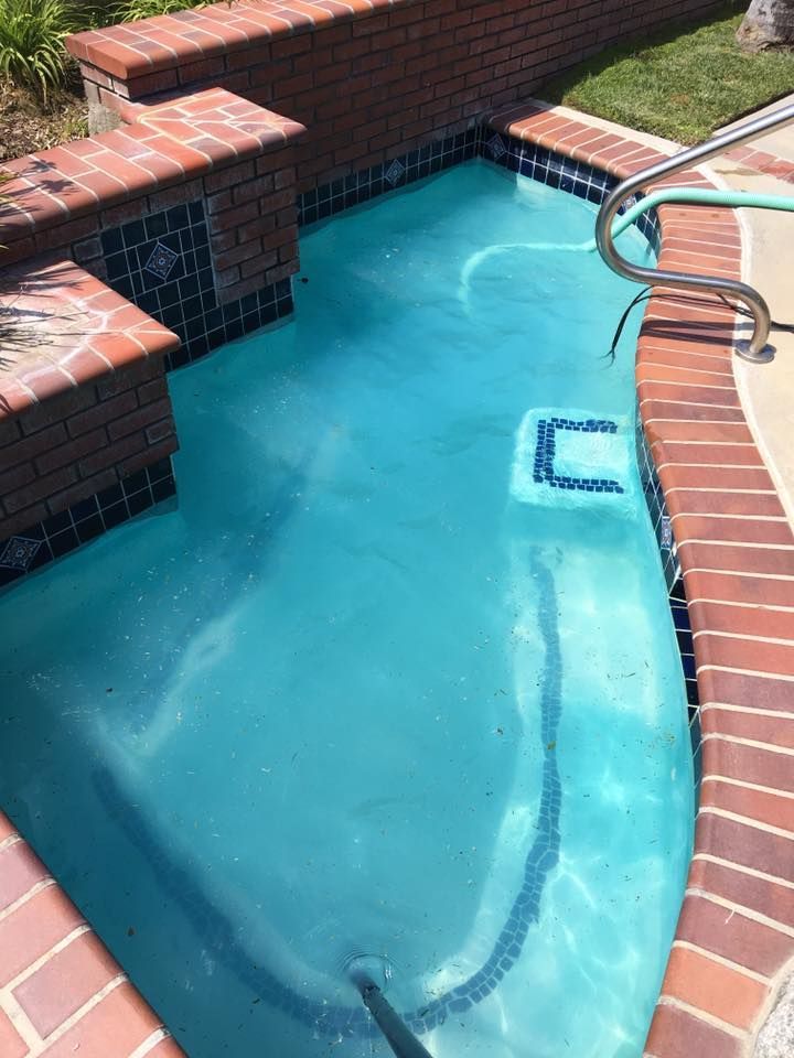 A small swimming pool surrounded by bricks and a hose.
