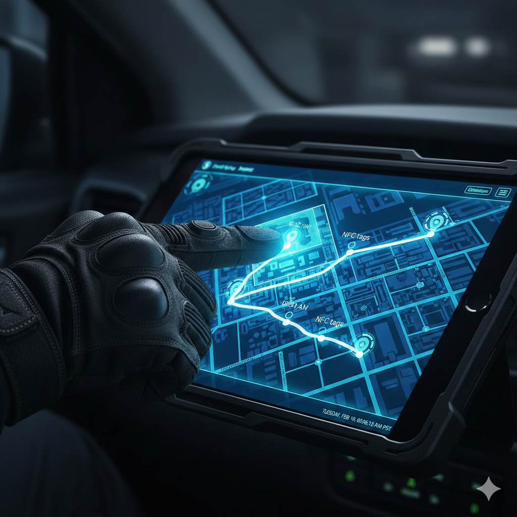 Person in vehicle, gloved hand touching tablet displaying a GPS map with blue highlights and a plotted route.