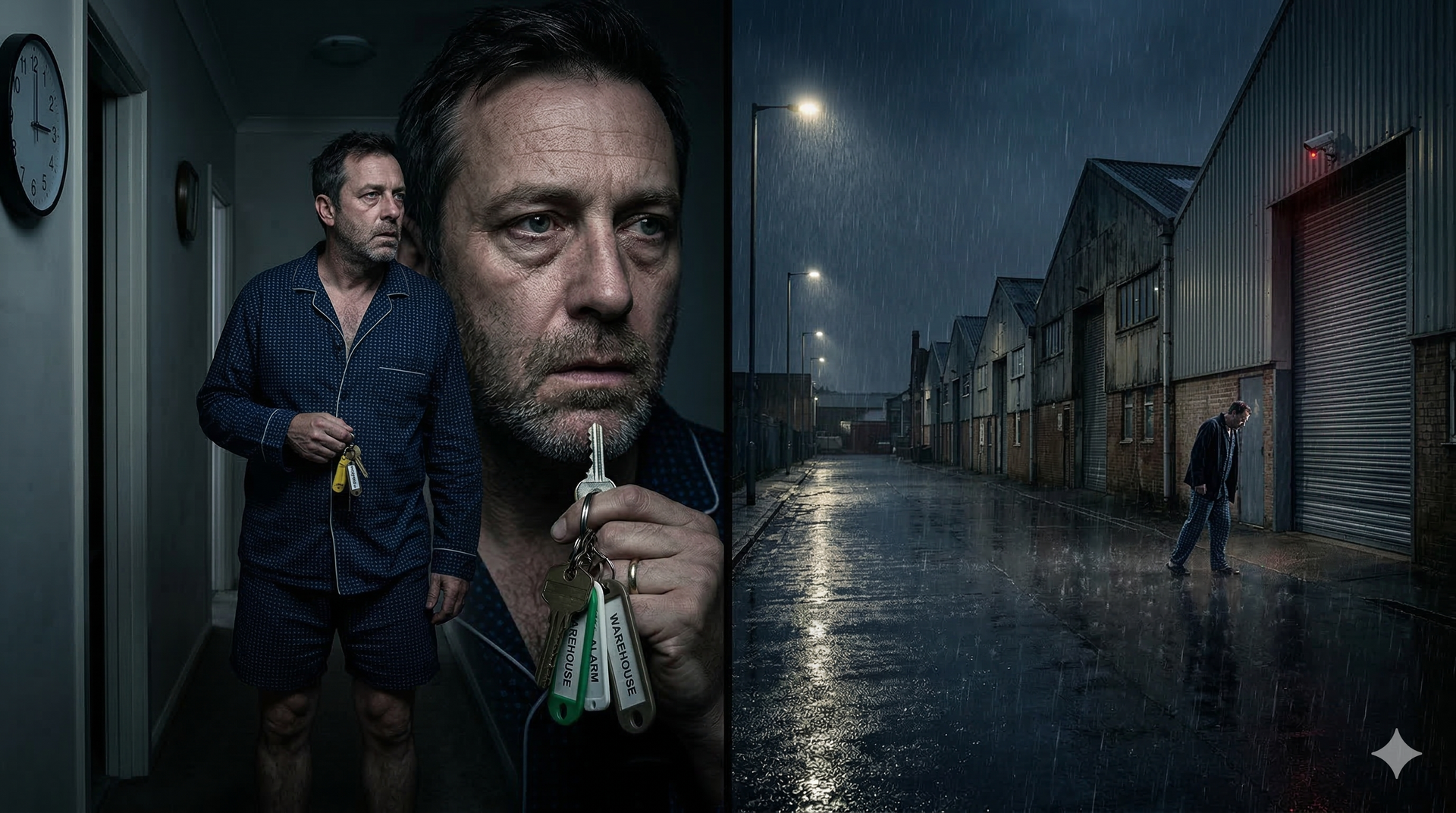 Man in pajamas holding keys, looking concerned in a hallway. Other image: Man walking in rain near warehouses, lit by streetlights.