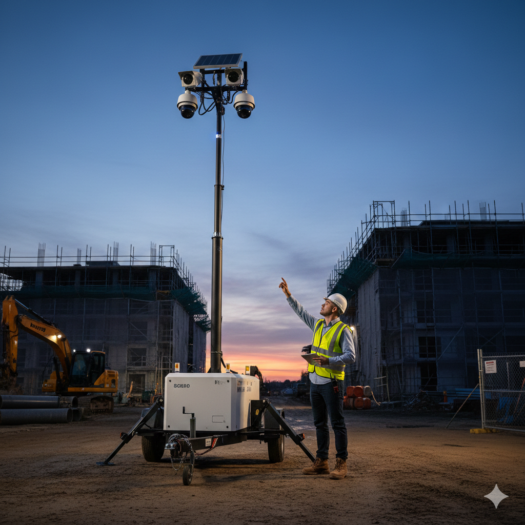 Construction worker by security camera tower at dusk, pointing up. Construction site with excavator visible.