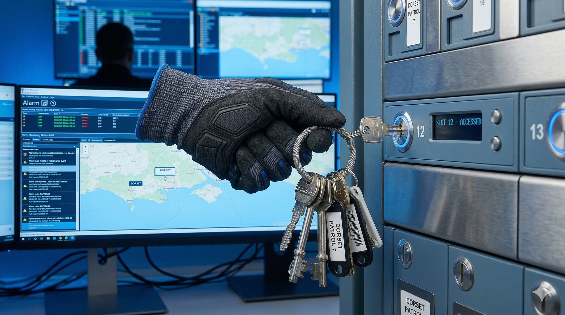 Construction worker by security camera tower at dusk, pointing up. Construction site with excavator visible.