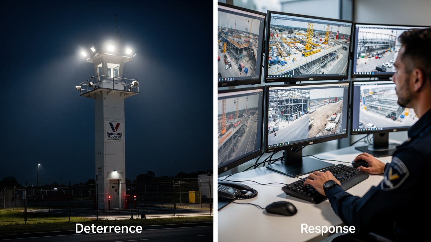 A split image showing a lit security tower at night labeled 