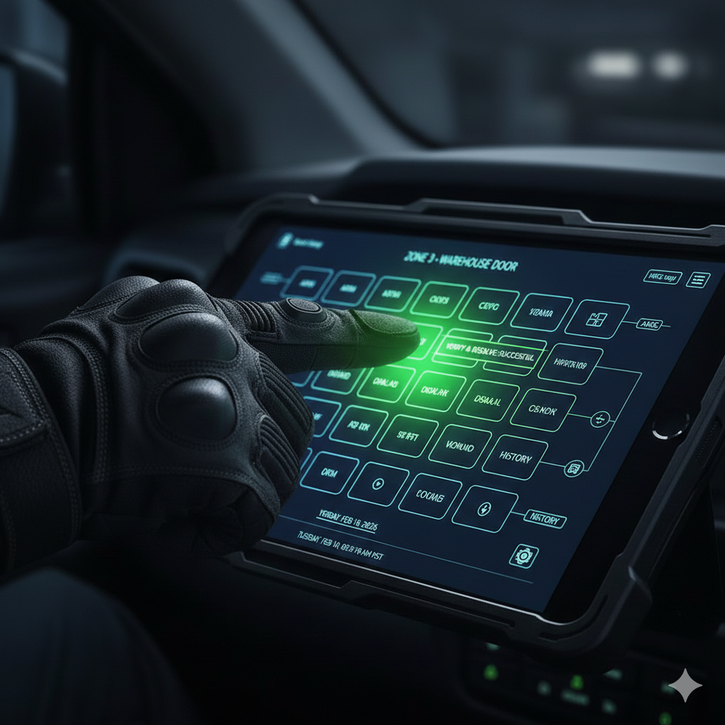 Gloved hand touching a tablet screen with glowing green buttons. The interface likely controls a security system within a vehicle.