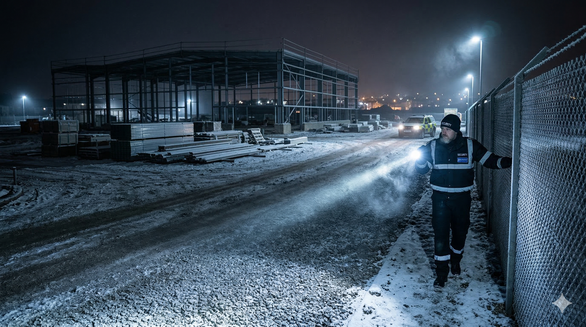 Construction worker walks along a snow-covered gravel road at night, near a building frame.