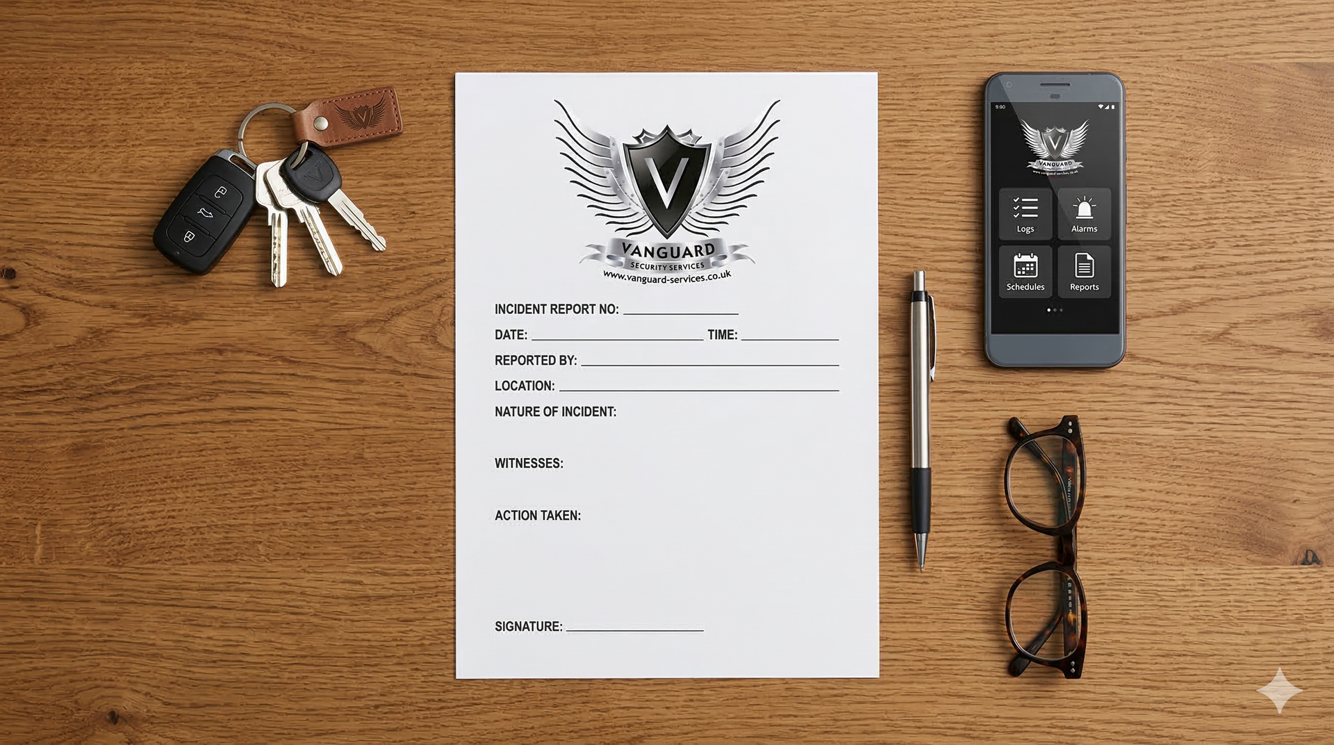 Wooden desk with a form featuring a logo, phone, keys, glasses, and a pen.