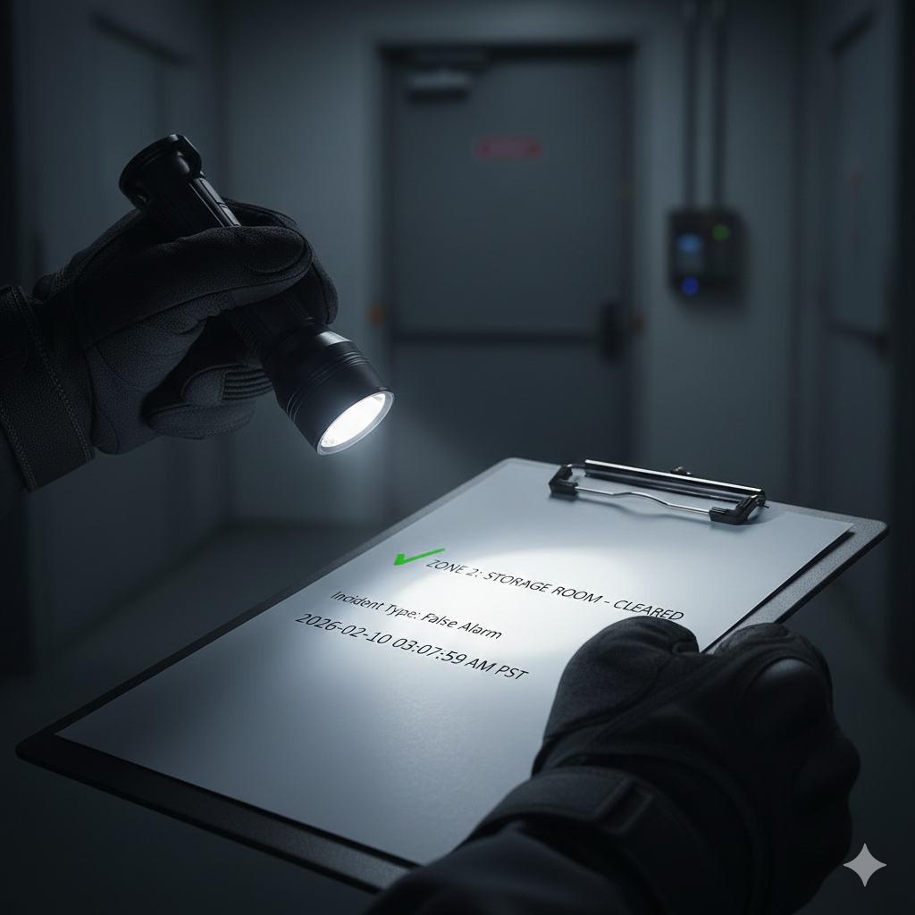 Gloved hands hold a clipboard and flashlight in a dark hallway. The checklist is partially visible.