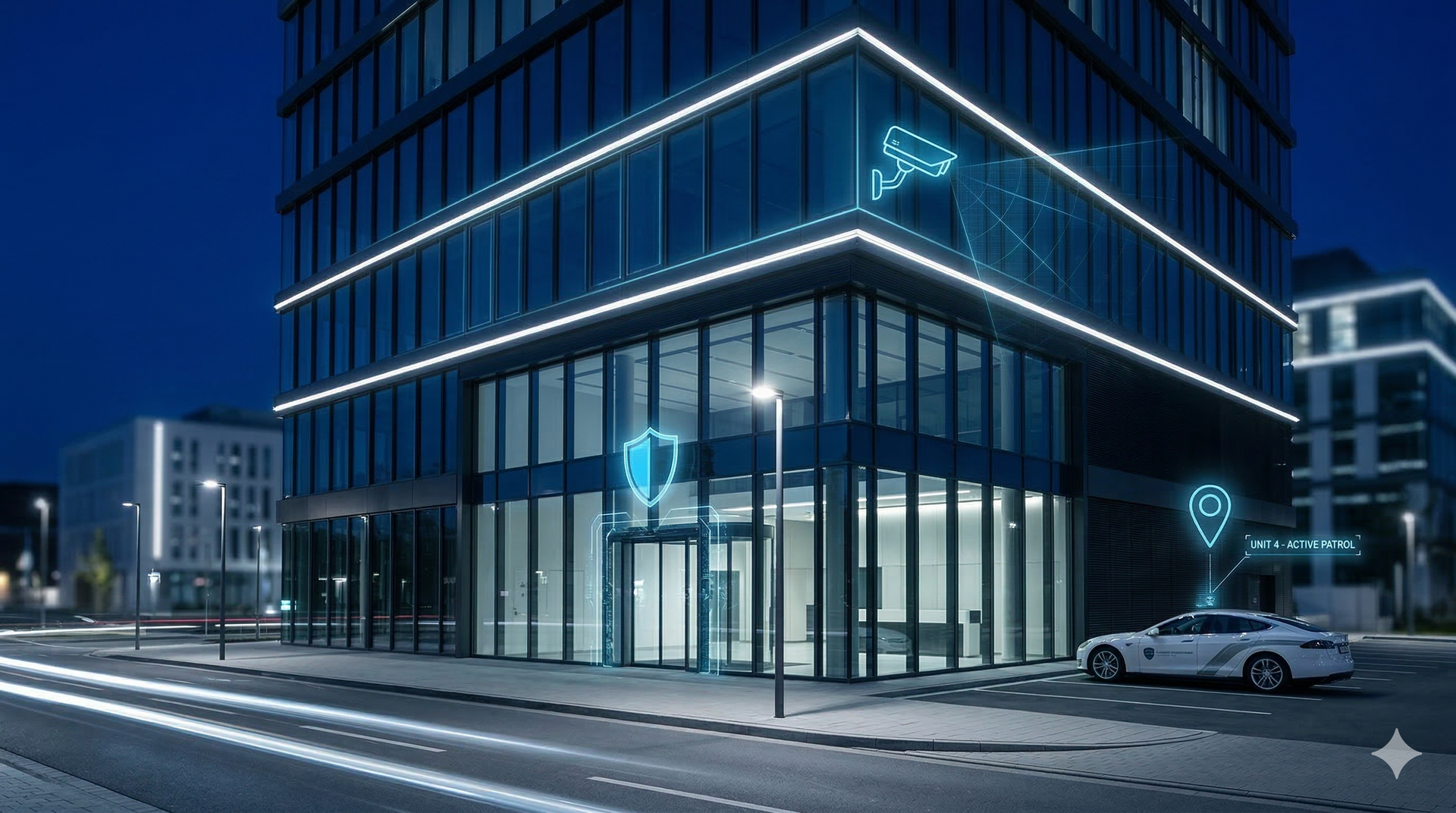 Modern glass building, lit with blue lights at night. A self-driving car sits outside.