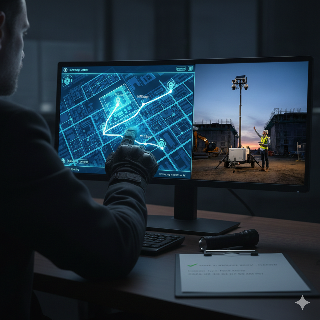 Person using computer with map and construction site view. Pointing at screen.