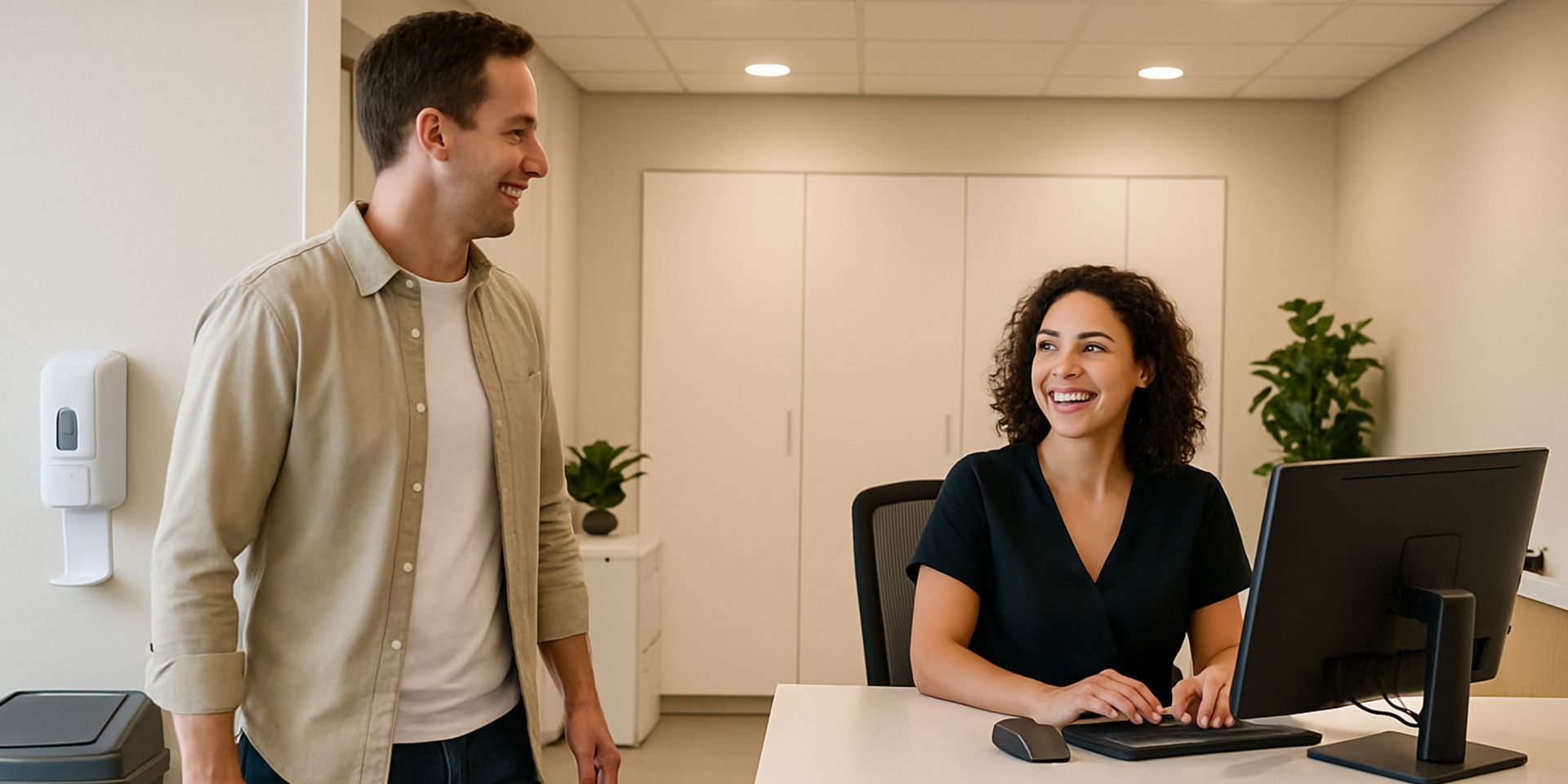 A man is standing next to a woman sitting at a desk in front of a computer.