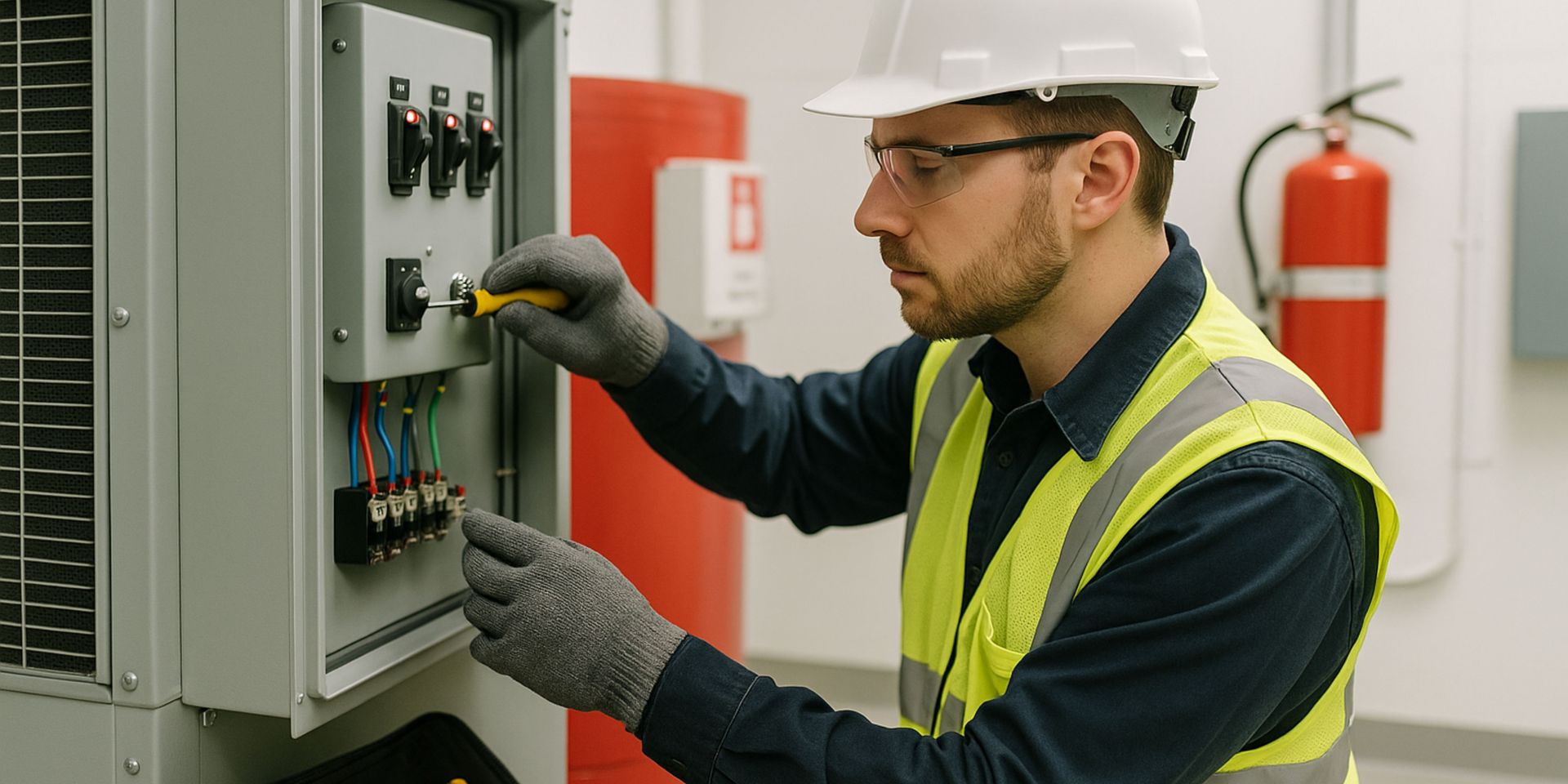 A man in a hard hat and safety vest is working on an electrical box.