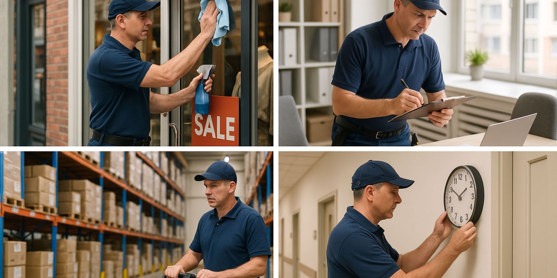 A collage of four pictures of a man in a warehouse.