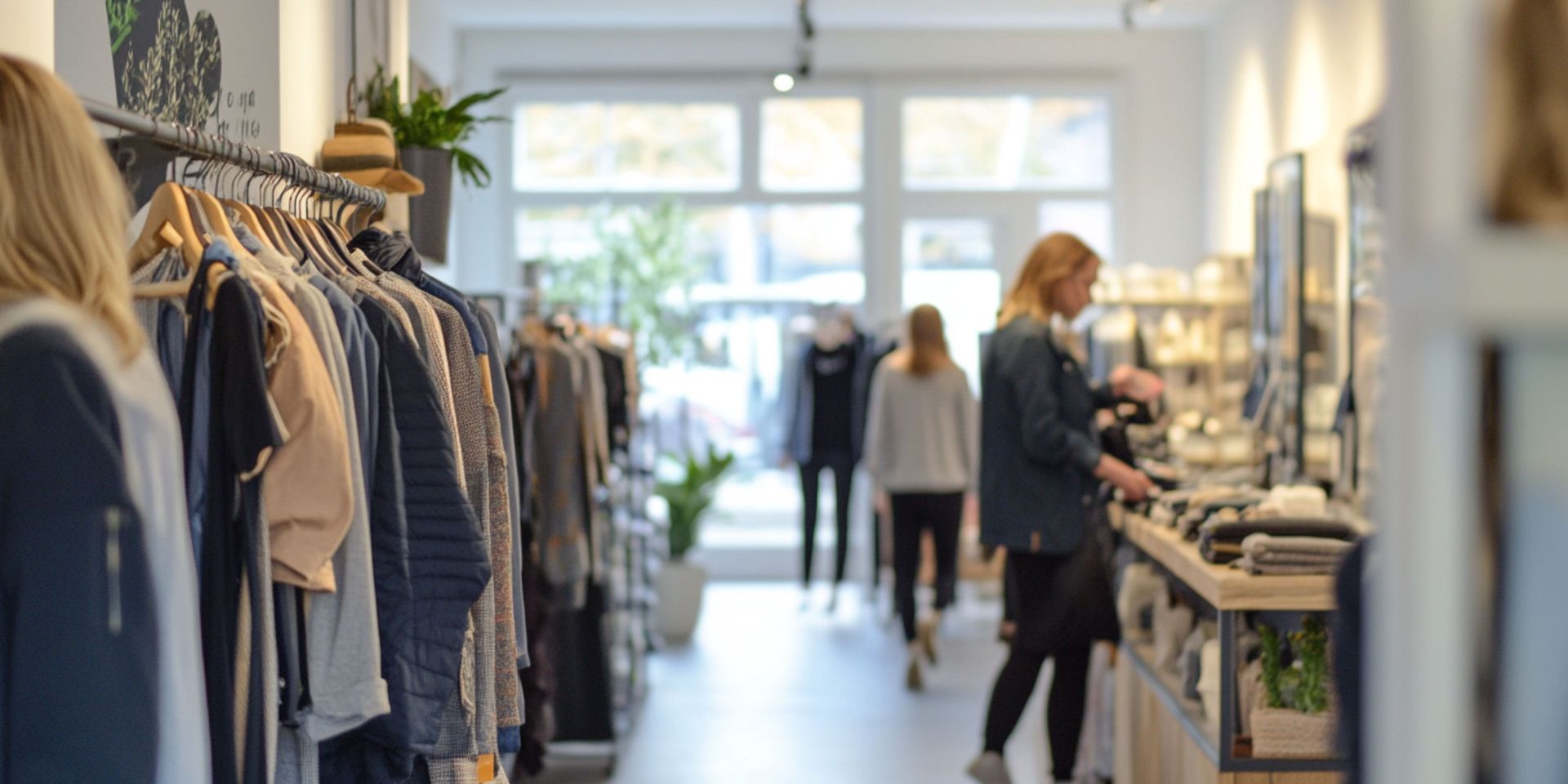 A woman is standing in a clothing store looking at clothes.