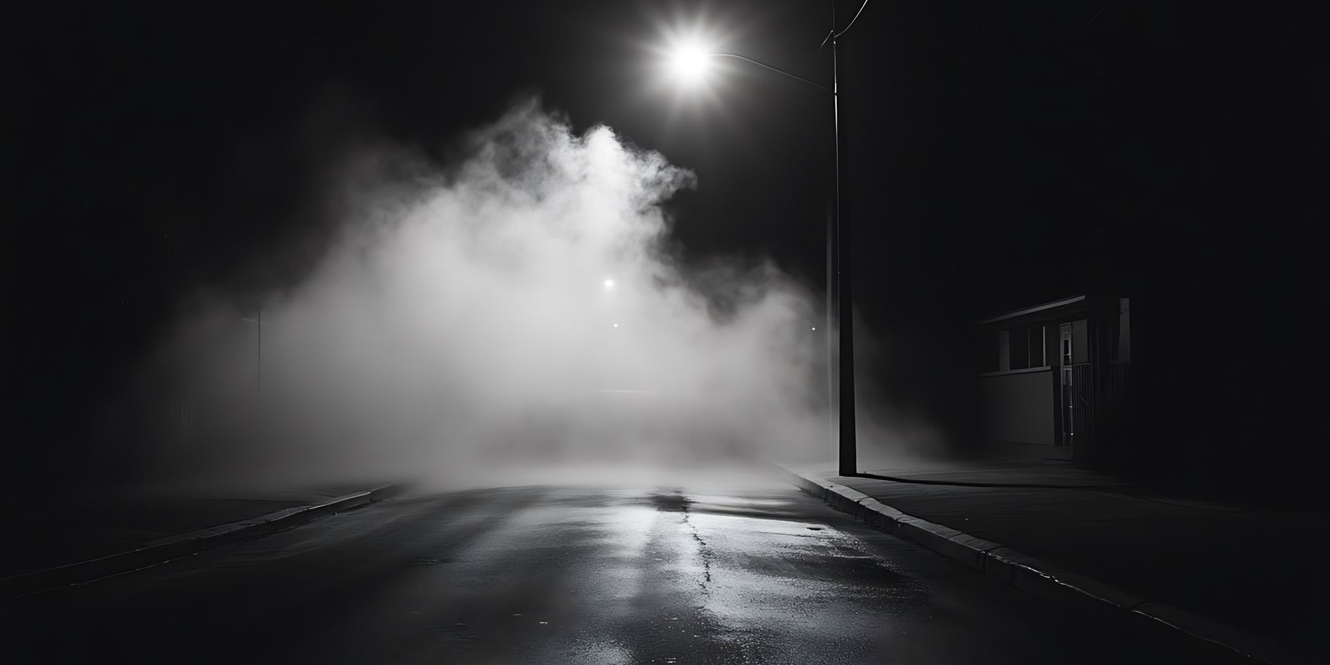 Foggy street at night, illuminated by a streetlight, with a small building on the right.