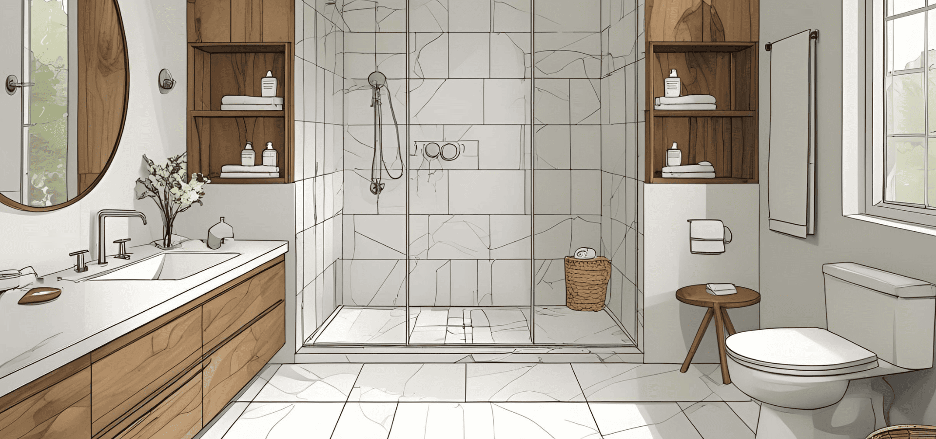 3D rendered design of a bathroom remodel plan